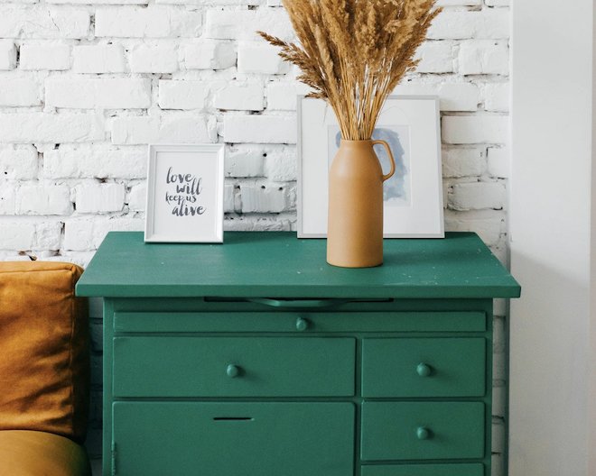 a green drawer cabinet